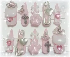 【現品】ネイルチップ 量産型 地雷系 姫系 ピンク ねこ ハート ゴテゴテ