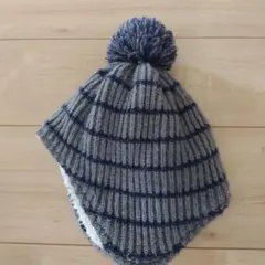 冬用ニット帽 グレーとネイビーのストライプ