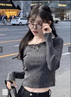 GRL グレイル tu1571 レースフリルオフショルリブトップス ブラック