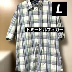 トミーヒルフィガー 半袖シャツ L チェック グリーン 80's 2ply