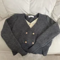 グレー Vネック ダブルボタン カーディガン