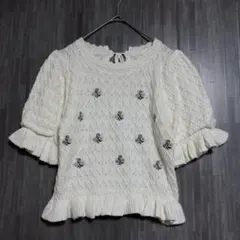 ナイスクラップ　パフバルーンスリーブ 刺繍ニット　白　F