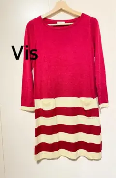 Vis ビス　長袖ニットワンピース　ロングワンピース　ピンク　アイボリー　M