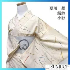 小紋　夏用　絽　トンボ　流水　蜻蛉　芝草　ベージュ　着物　042a d