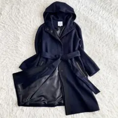 【良品】ランバンオンブルー　フーデットコート　ネイビー　ベルト付き　ウール　38