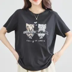 【ブラック】TRUBE キラキラキャットプリント半袖Tシャツ
