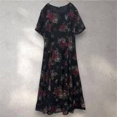 美品✨Otto｜ローズ柄半袖ロングワンピース｜Aライン｜マキシ丈｜薔薇｜花柄｜M