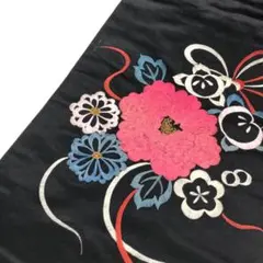 アンティーク帯 名古屋帯 刺繍柄 牡丹 黒繻子 AO-3069