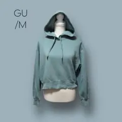 2883　【GU】　パーカー　ブルー　裏起毛　クロップド丈　ショート　フード　M
