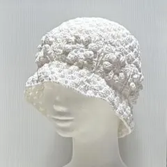 バケットハット 花のモチーフ ホワイト 春夏帽子 手編み クロシェハット