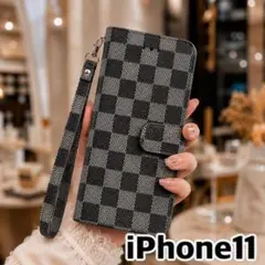 【強化ガラス付】iPhone11ケース 手帳型 チェック柄 高級感 ブラックのサムネイル
