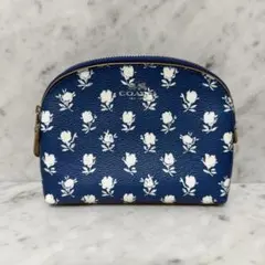 美品 COACH コーチ ポーチ 本革 レザー ブルー 青 花柄 総柄