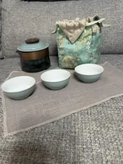 美品新品　青緑色 陶器製 台湾茶器 4点セット