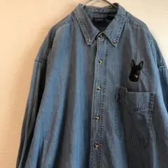 outrageous デニムシャツ　犬　刺繍　カジュアル　ボタンダウン　古着