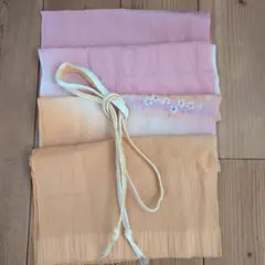 正絹帯揚げ　淡オレンジ×淡ピンクグラデーション　シワ加工花プリント&帯締未使用