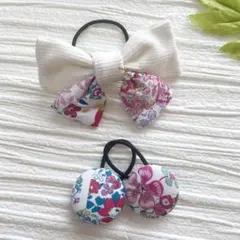 お買い得♡お揃い　リバティビジュー付ダブルリボンくるみボタン　ヘアゴム3個セット