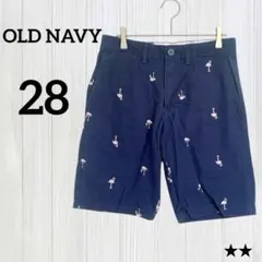 ★OLD NAVY【28】フラミンゴ刺繍 ハーフパンツ ネイビー 総柄 リゾートのサムネイル