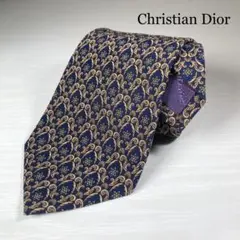 希少モデル 極美品 クリスチャンディオール ネクタイ 総柄 花柄 シルク 紺色金