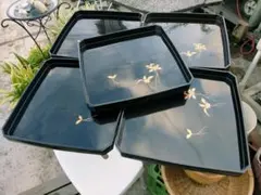 輪島塗】漆器お膳5枚セット☆角膳 ④☆漆器/黒塗り☆金彩草花文様
