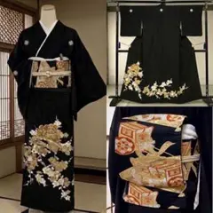 美品　黒留袖 袋帯　 末広　帯締め　５点フルセット　駒刺繍　結婚式　扇枝梅文