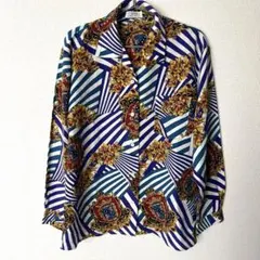 古着 ストライプ 長袖シャツ ブラウス 総柄 柄シャツ 青 ヴィンテージ