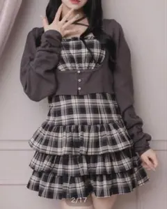 pium ビジューカーデ×チェックワンピセット チャコール×ブラック
