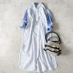 極美品＊イエナ 上質 コットンストライプ ロングシャツワンピース バンドカラー