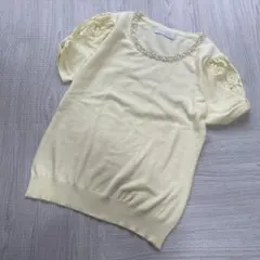 CECIL McBEE 半袖　ライトイエロー サマーニット　レース　ビジュ