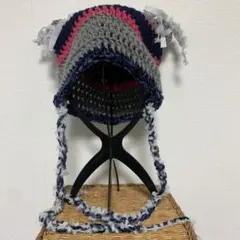 ハンドメイド　猫耳帽子 ビーニー　男女兼用　リボン取り外し可能
