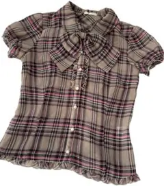 WILL SELLECTION チェック柄 リボン付き 半袖シャツ 透け感有