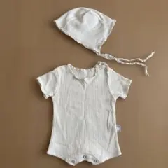 【66サイズ】半袖ロンパース ボンネット付き 新生児　退院着 セレモニードレス