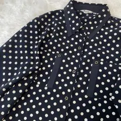 【日本製】ネイビー ホワイト ドット柄 長袖 シャツ ブラウス FREE