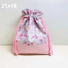お弁当袋　いちごとお花　ピンク　ハンドメイド　巾着袋　【927】
