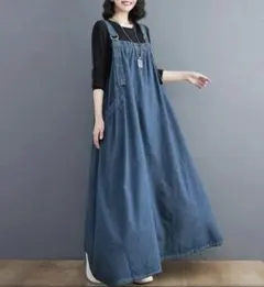 XLサイズ デニムロングサロペットジャンパースカート ワンピース