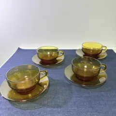 昭和レトロ アデレックス アンバーガラス カップ＆ソーサー ４客セット 琥珀色