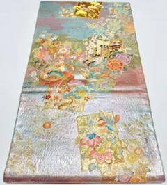 高級 袋帯 正絹 六通柄 ピンク ブルー メタリック 訪問着 色無地 付け下げ