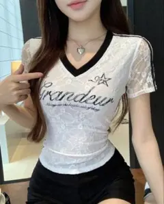 Dazy レース 半袖Tシャツ ホワイト ブラック
