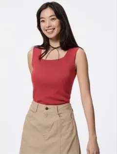 新品未使用★ジーユー GUリブニットスクネアネックタンクトップ 赤 Sサイズ
