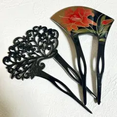 2点セットL 簪 かんざし 髪飾り バチ型 花柄 和装小物 結婚式 留袖 黒色