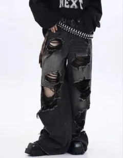 ダメージ加工 ダークグレー ワイドレッグデニムパンツ