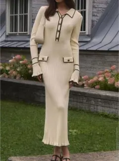 ニットロングワンピース リブ編み フリル パール風ボタン トリミング ホワイト