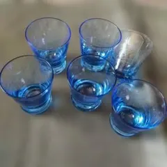 青色ガラス製お猪口 6個セット レトロ