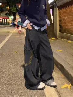 デニムパンツ 迷彩ポケット付き ワイド ストリート カジュアル Mサイズ