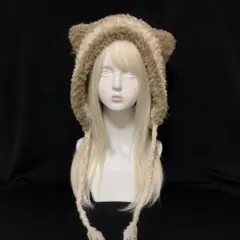 猫耳ボンネット 猫耳ニット帽 ハンドメイド 編み物 ブラウン