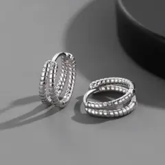 リングピアス　メンズ　韓国ファッション　2連フープピアス　シルバー　aa514