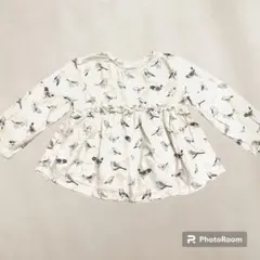 小鳥柄プリント 長袖ブラウス