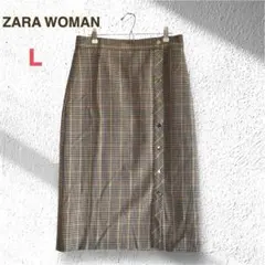 【ZARA WOMAN】ザラ チェック柄 タイトスカート L ブラウン 金ボタンのサムネイル