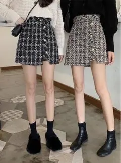 【GRL】インパン裏地付きアシンメトリーツイードチェックミニスカート