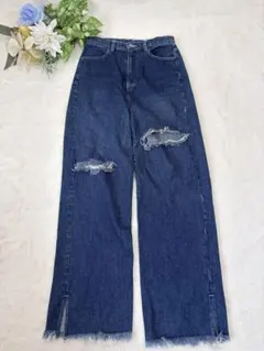 NICE CLAUP ダメージデニムワイドパンツMサイズ クラッシュ フリンジ裾