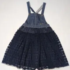 130★メゾピアノ★ロゴ刺繍！リボン柄チュール付きデニムワンピース★